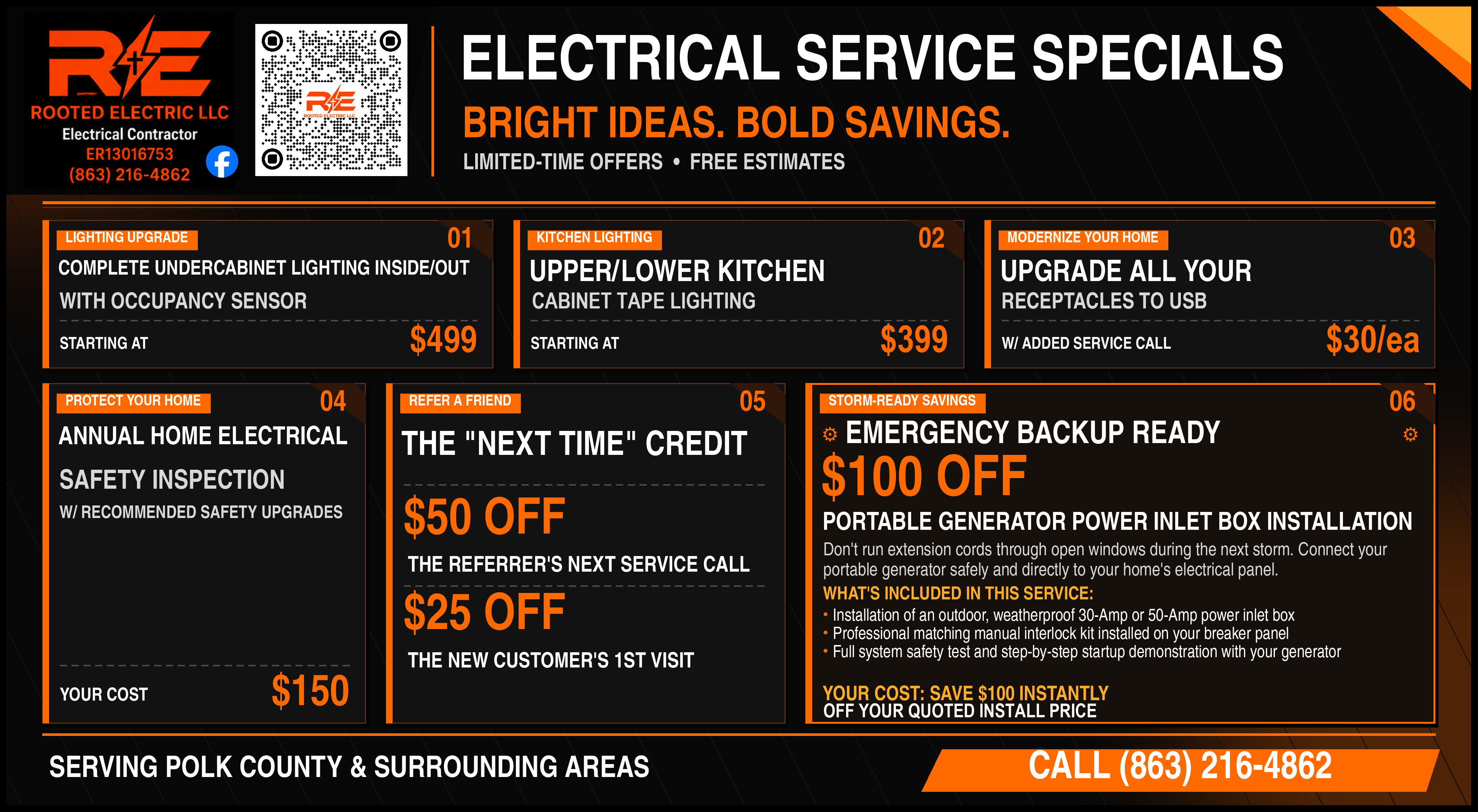 Rooted Electric LLC current specials flyer, back side