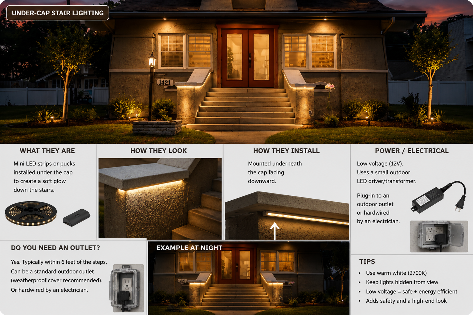 Informational graphic on under-cap LED stair lighting, explaining what LED strips and pucks are, how the light looks washing down the stairs, how the strip mounts under the stair cap facing downward, the low-voltage 12 volt driver and outlet requirements, and tips such as choosing warm white light and keeping runs hidden.