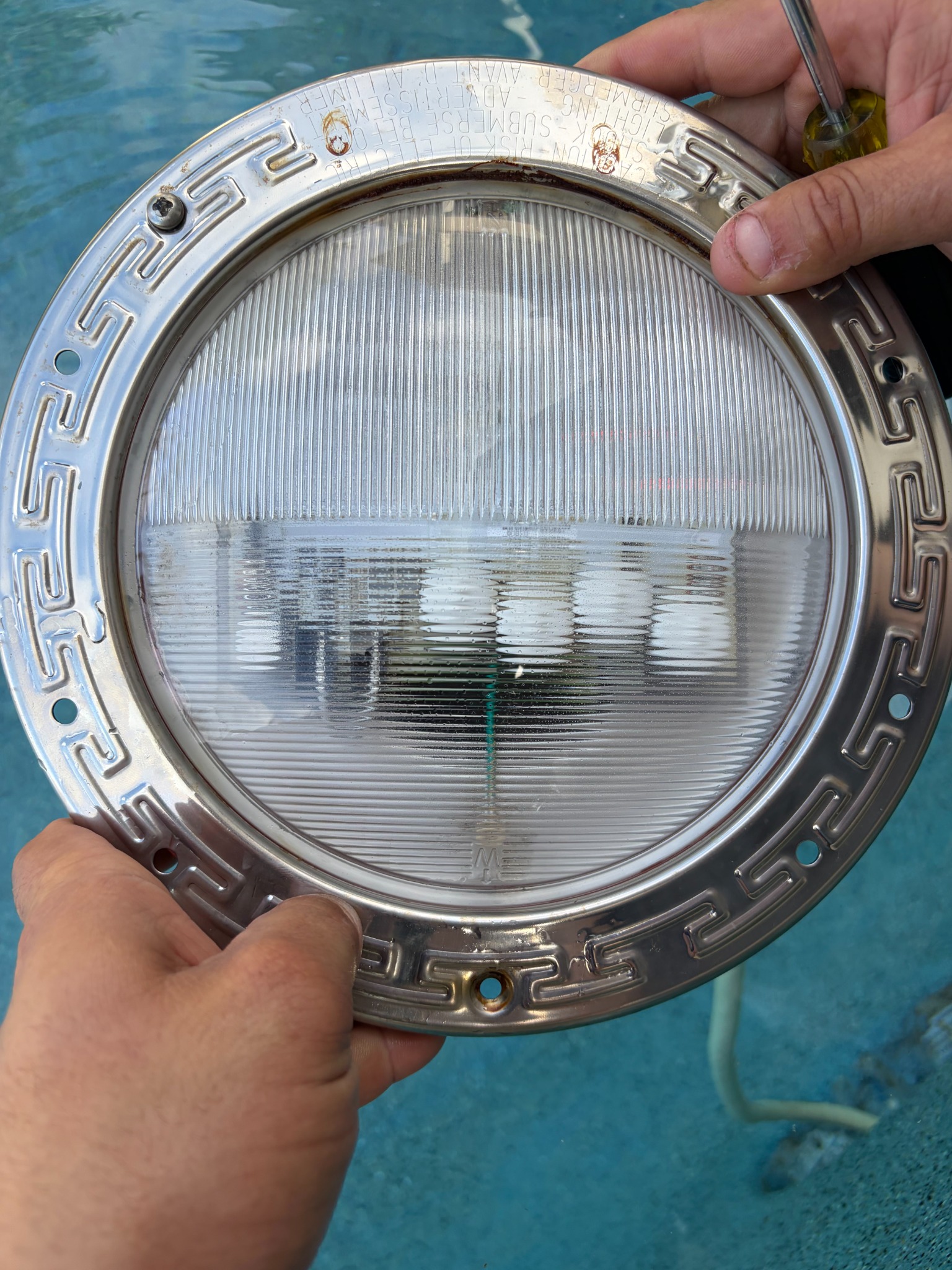 Hands holding a submersible pool light fixture lifted out of the water, showing its ribbed clear lens and stainless steel trim ring with rusted screw holes, above the blue pool surface.