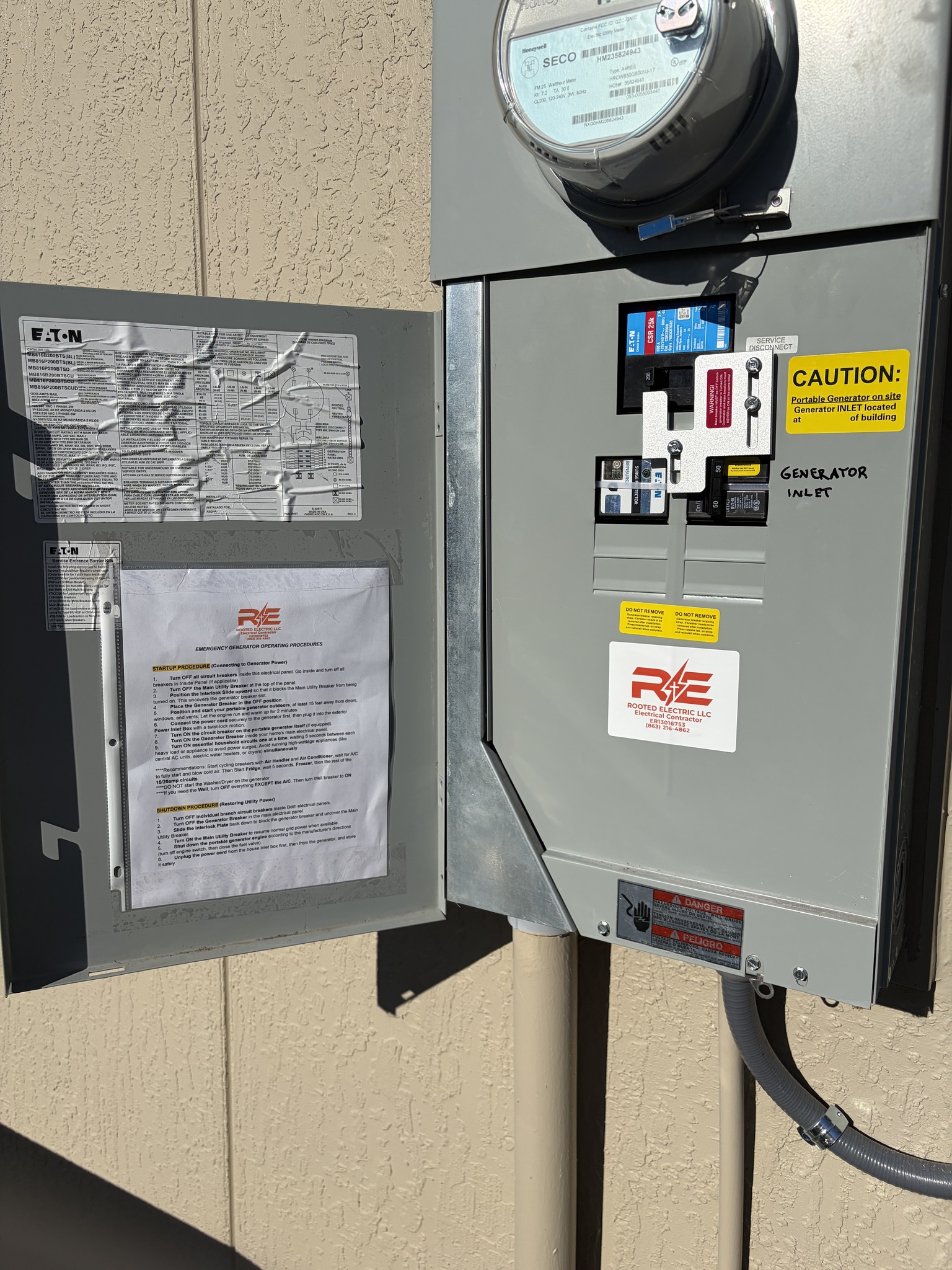 Panel wiring for the 50 amp generator inlet and interlock kit installation.